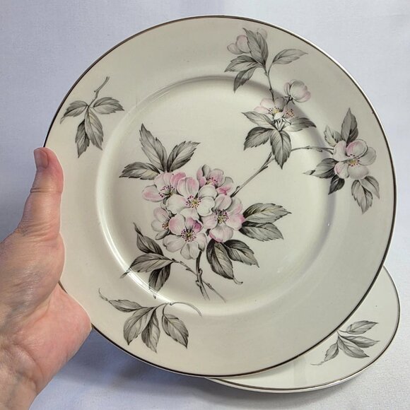 TWO Manor House Spring Glory Dinner Plates Pink & White Floral Gray Leaves - Picture 2 of 16